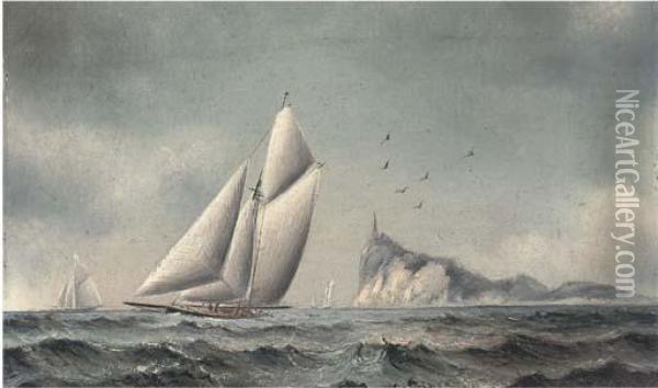 Big Cutters On Opposite Tacks; And Big Cutters Reaching Off Anisland (illustrated) Oil Painting - James C. Bourne