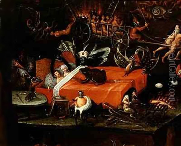 The Inferno, detail of a couple in bed surrounded by monstrous animals Oil Painting - Herri met de Bles