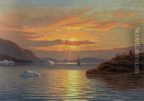 Parti Fra Upernaviks Skaergaard I Midnatssol Oil Painting - Emanuel A. Petersen