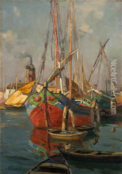 Barconi In Porto Oil Painting - Angelo Pavan