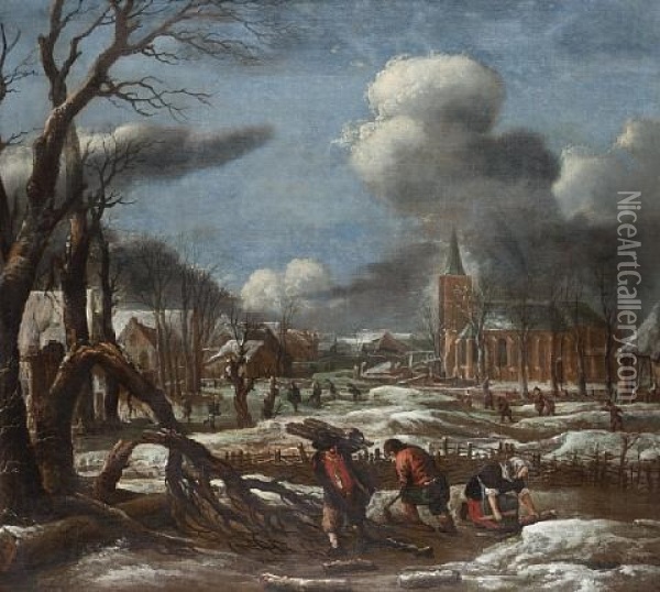 A Winter Landscape With Figures In The Foreground Collecting Wood Oil Painting - Aert van der Neer