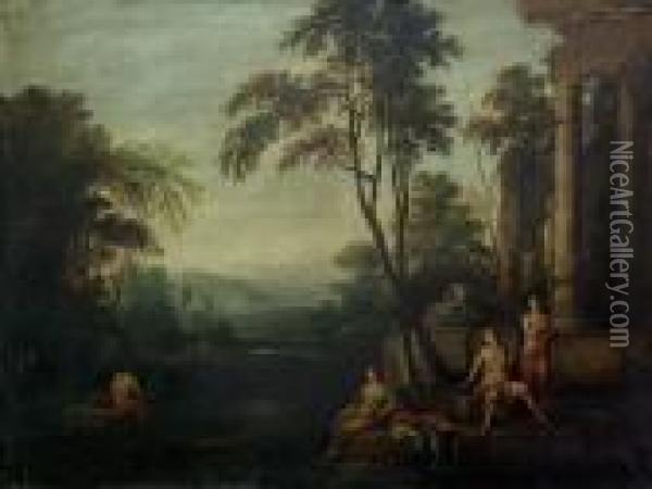 An Arcadian Landscape With Maidens Resting Before A Temple Ruin Oil Painting - Pierre-Antoine Patel