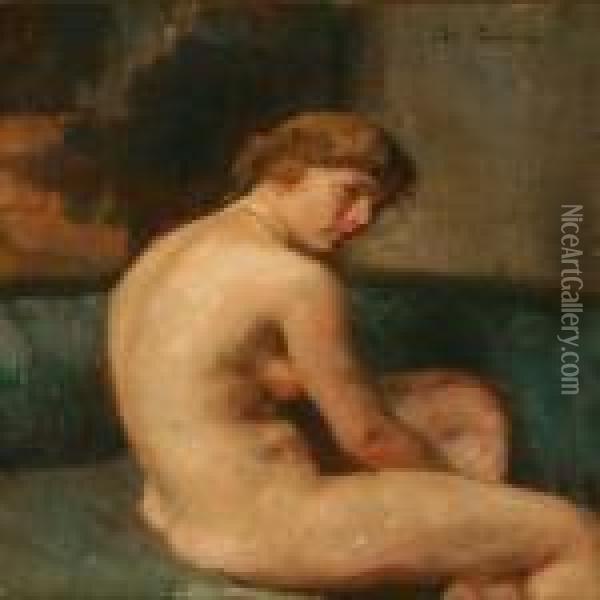 Nude Female Sitting In A Green Sofa Oil Painting - Julius Paulsen