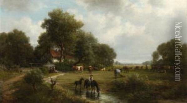 Landschaft Mit Hirten, Kuhen Und Pferden Auf Der Weide Bei Einem Bauernhaus Oil Painting - Rudolf (Heinrich Albert) Poeppel