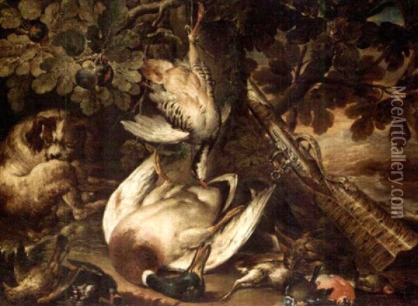 A Spaniel Guarding Over A Duck, A Partridge And Smallbirds, Together With A Musket Resting Against A Tree Oil Painting - Baldassare De Caro