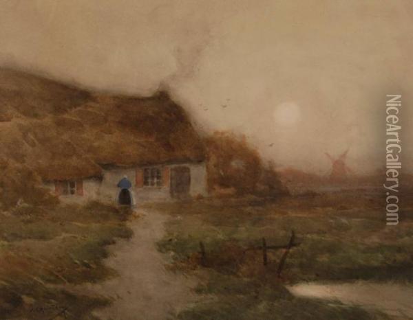 Woman Outside A Thatched Cottage At Dusk Oil Painting - Walter C. Hartson