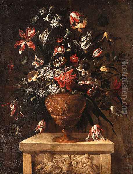 Flowers in a sculpted Vase on a stone Plinth Oil Painting - Dei Fiori (Nuzzi) Mari