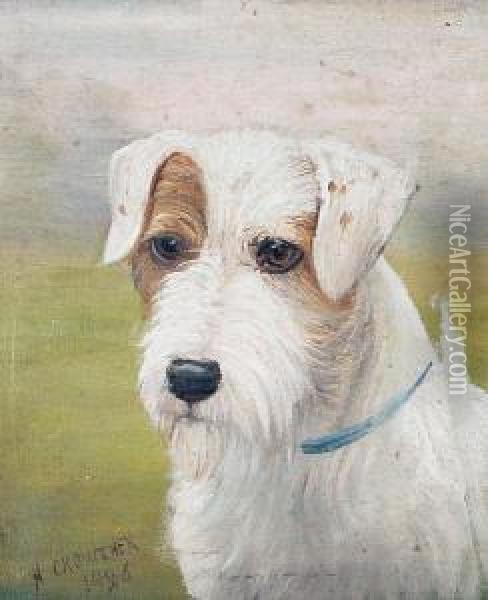 A Terrier In A Blue Collar Oil Painting - Henry Crowther