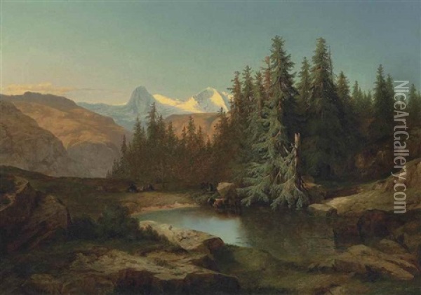 Kleiner Bergsee, Ausblick Auf Die Berner Alpen Oil Painting - Alexandre Calame