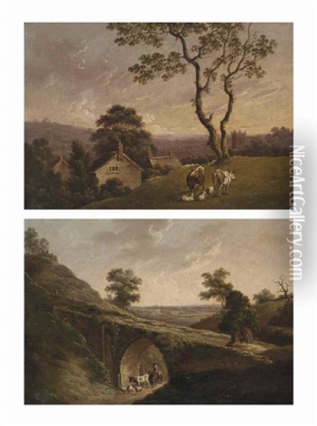 A Landscape With Cattle And Sheep; And A Landscape With A Drover And His Herd Under A Bridge Oil Painting - Tobias Young