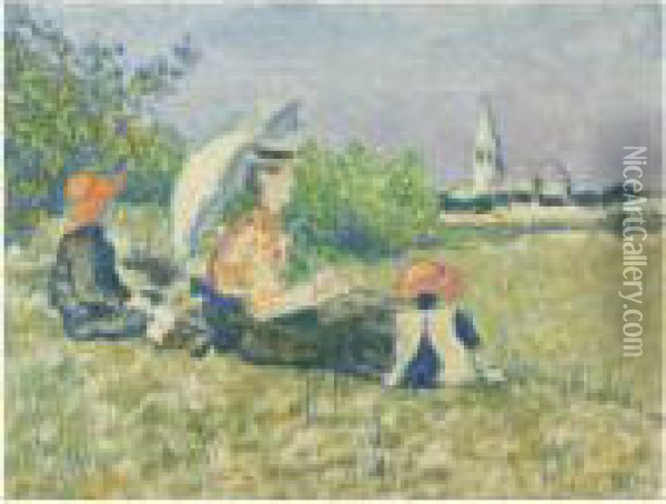 Madame Georges Lemmen Et Ses Enfants, Pierre Et Jacques Oil Painting - Georges Lemmen
