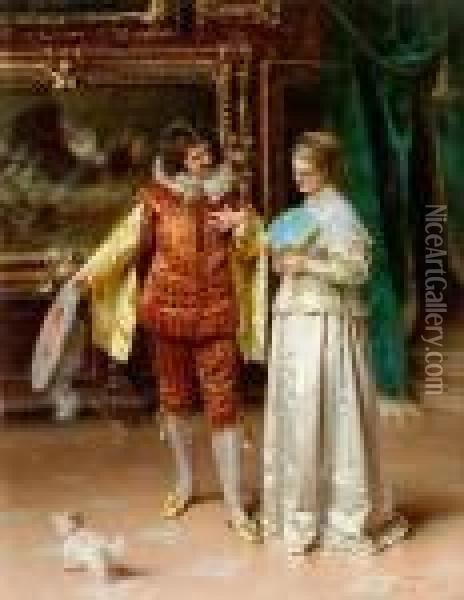 Noble Couple With Dog In A Picture Gallery Oil Painting - Francesco Vinea