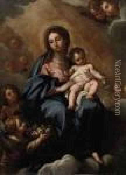 The Virgin And Child In The Clouds Surrounded By Angels Oil Painting - Sebastiano Conca