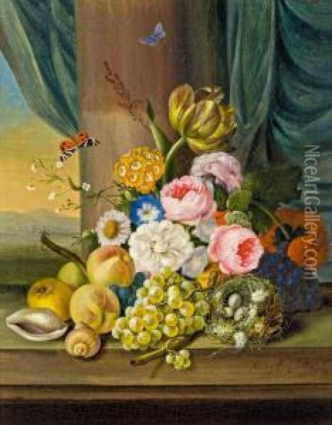 Blumen- Und Fruchtestillleben Mit Vogelnest Oil Painting - Franz Xaver Petter