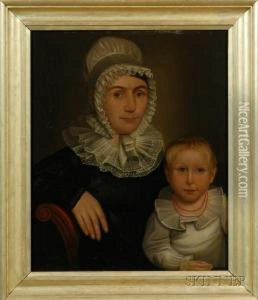 Portrait Of A Mother And Child. Oil Painting - Robert Deacon Peckham