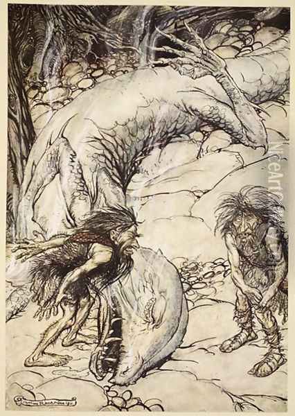 The dwarves quarrelling over the body of Fafner, illustration from Siegfried and the Twilight of the Gods, 1924 Oil Painting - Arthur Rackham
