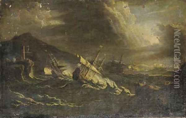 A coastal landcsape with ships in a storm Oil Painting - Pieter the Younger Mulier