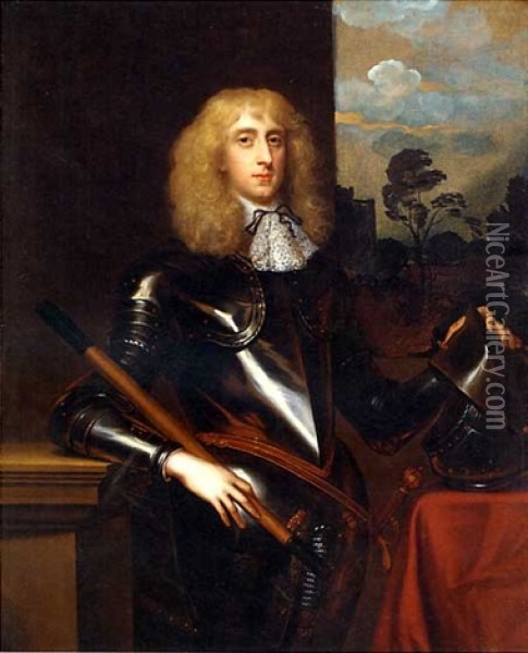 Portrait Of A Gentleman (one Of The Sons Of Sir William Cowper, Of Ratlin Court, Kent?) In Armour And White Jabot, Holding A Baton In His Right Hand, His Left Hand On His Helmet, A Landscape Beyond Oil Painting - Jacob Huysmans