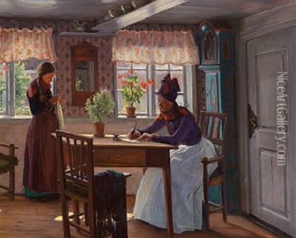 Interior With Two Girls From The Danish Island Of Fano Oil Painting - Sigvard Marius Hansen