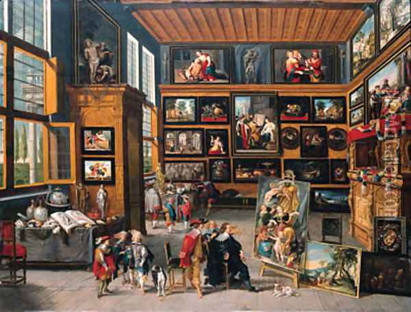 A spacious entrance hall the walls hung with pictures, collectors' items on tables, and an artist showing a painting to a connoisseur Oil Painting - Cornelis de Baellieur