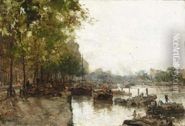 A View Of The Leuvehaven, Rotterdam Oil Painting - Johann Hendrik Van Mastenbroek