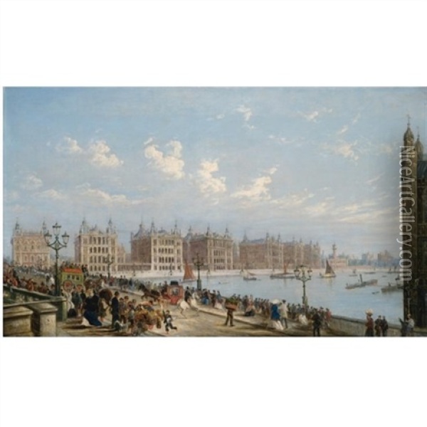 View Of Westminster Bridge And St. Thomas's Hospital Oil Painting - James Pollard