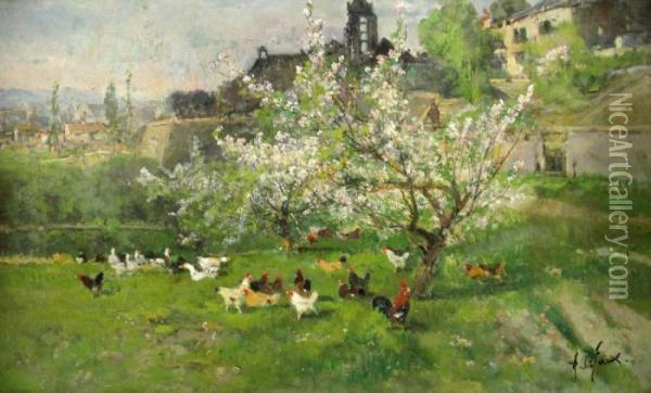 Cocks In A Rural Landscape Oil Painting - Alexandre Defaux