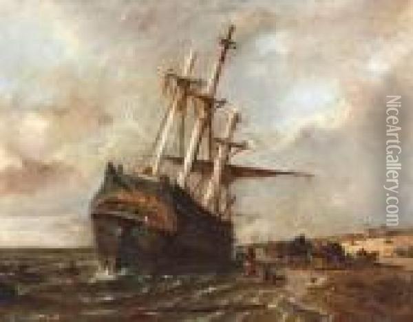 Gestrande Driemaster Op Het Strand Oil Painting - W.A. van Deventer