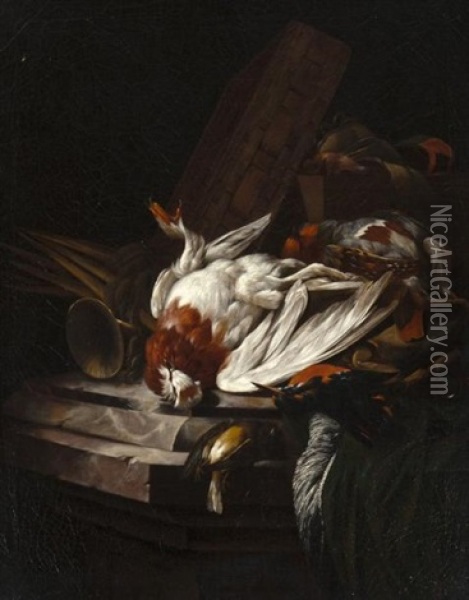 Nature Morte Aux Oiseaux Et Objets De Chasse Oil Painting - Willem Van Aelst