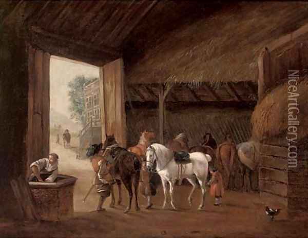 A stable interior with two figures mounting horses Oil Painting - Philips Wouwerman