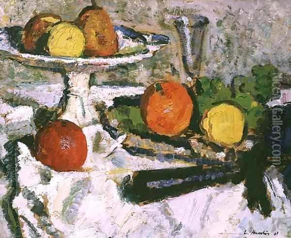 Still Life of Fruit on a White Tablecloth Oil Painting - George Leslie Hunter