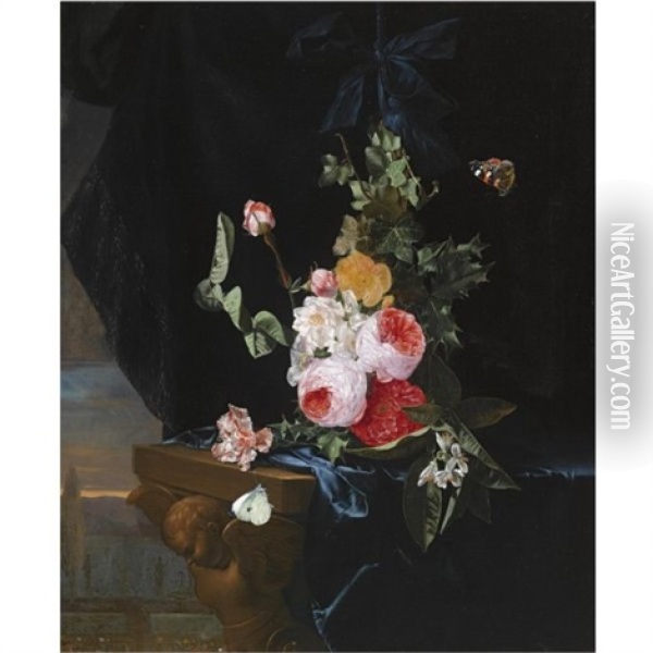 A Swag Of Roses And Thistle-leaf, Tied With A Blue Ribbon, Before A Blue Velvet Drapery On A Sculpted Table, Together With A Red Admiral And A Cabbage Butterfly, A Landscape Beyond Oil Painting - Christiaan Luycks