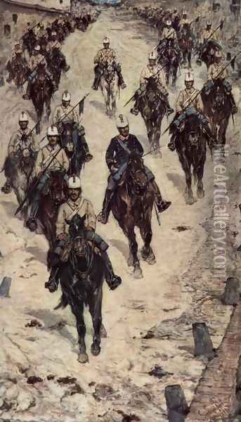 Cavalry Corps on a village street Oil Painting - Giovanni Fattori