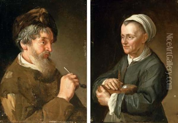 Portrait Of A Bearded Man 
Holding A Pipe; And Portrait Of A Woman Holding A Basket Of Eggs Oil Painting - Jacob Van Toorenvliet