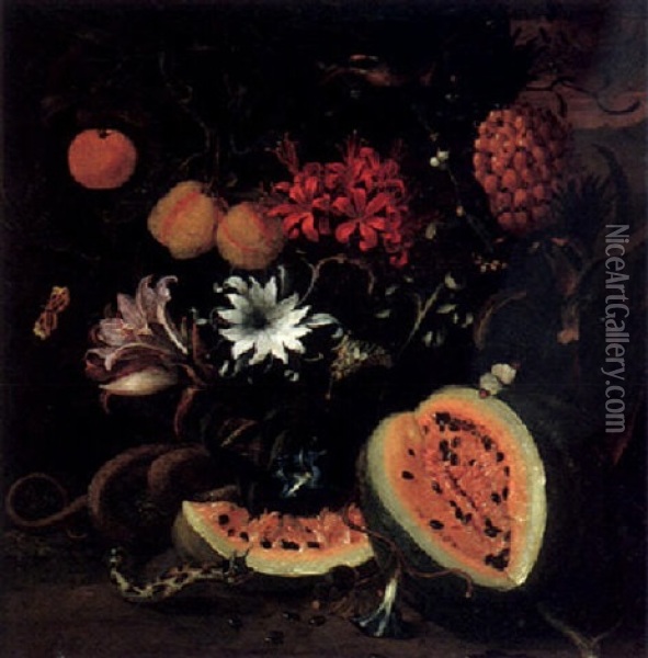 Forest Floor Still Life With An Open Watermelon, Exotic Fruits And Flowers, Butterflies And Snake Oil Painting - Jan Mortel