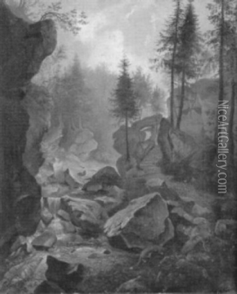 Felsige Waldlandschaft Mit Fuchsen An Einem Bach Oil Painting - Franz Wilhelm Leuteritz