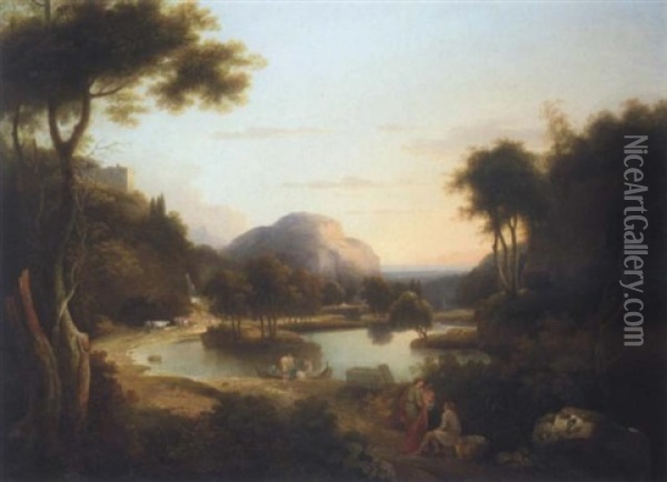 Classical Figures In An Extensive Italianate Landscape, (lake Arno?) Oil Painting - Samuel James Ainsley