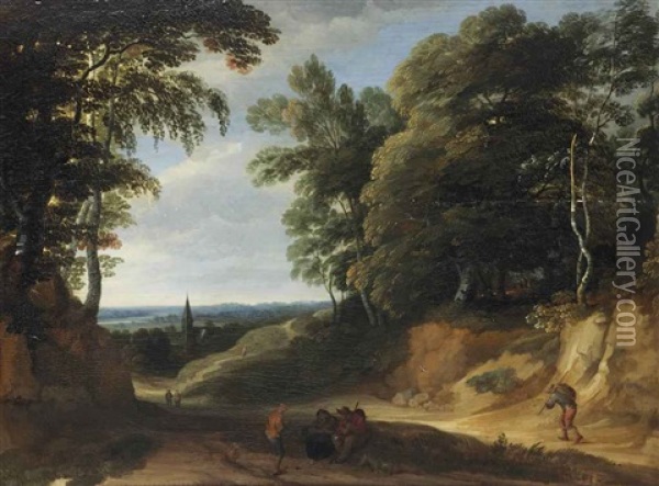 A Wooded Landscape With Figures On A Path, A Village Beyond Oil Painting - Lodewijk De Vadder