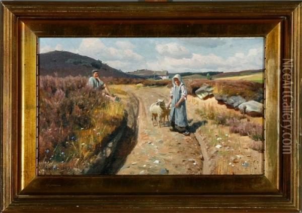 A Peasant Boy Is Flirting With A Shepherd Girl By A Village Road Oil Painting - Peder Mork Monsted