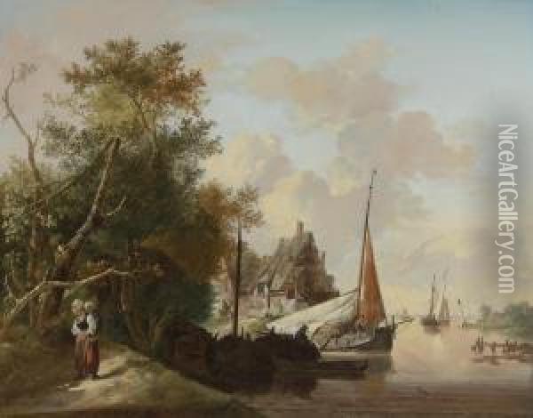 Peasants Unloading Cargo; Mother And Child By A River Oil Painting - Jan van Os