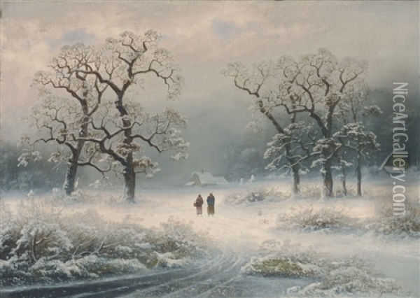Zwei Frauen Auf Dem Weg In Verschneiter Winterlicher Landschaft Oil Painting - Johann Gustav Lange