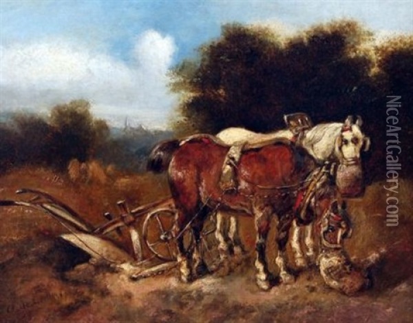 Plough Horses At Rest Oil Painting - Alexis de Leeuw
