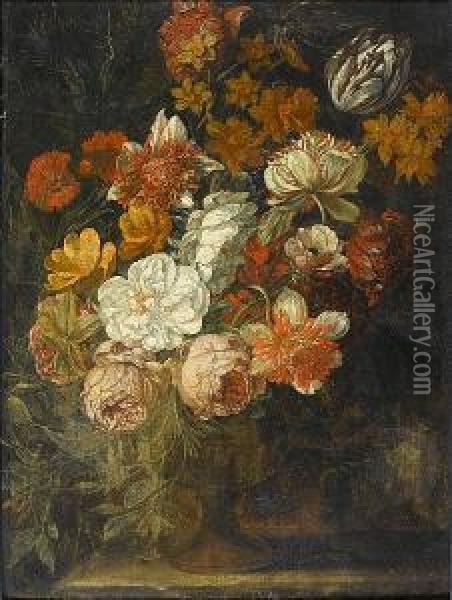Roses, Chrysanthemums, Thistles, Narcissi And Other Flowers In A Stone Vase On A Ledge Oil Painting - Caspar Pieter I Verbrugghen