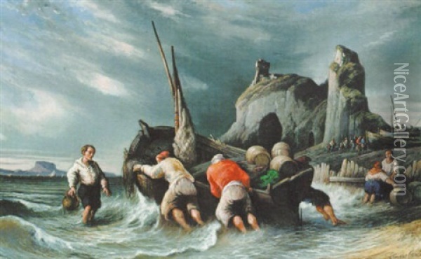 Fishermen Launching Their Boat Oil Painting - Consalvo Carelli