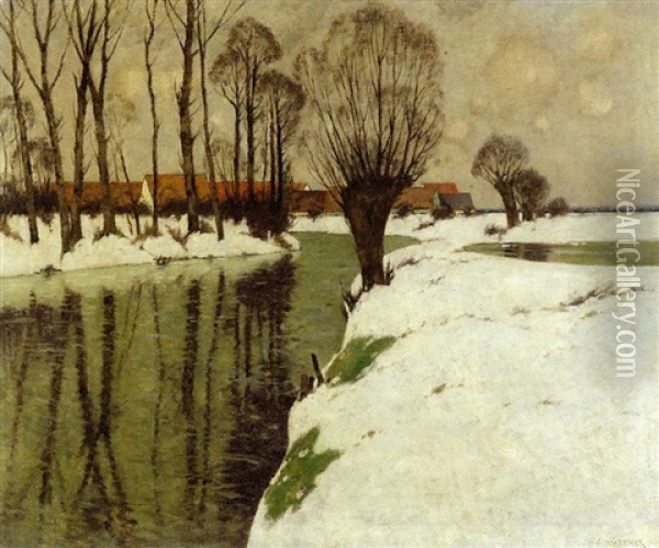 Winterliche Flusslandschaft Mit Dorfansicht Oil Painting - Carl Kuestner