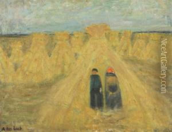 Farmer's Couple Near Haystacks Oil Painting - Alois De Laet