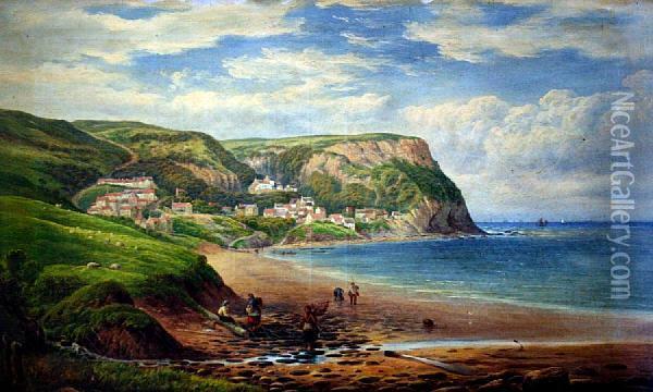 A View Of Runswick Bay, Fisherfolk And Therolling Countryside Beyond Oil Painting - George Alexander