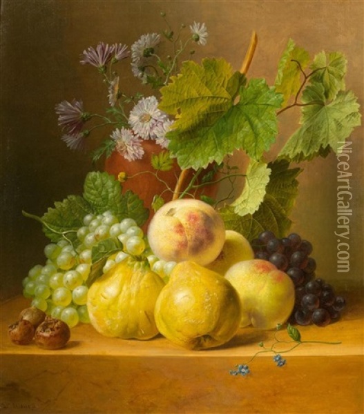 Still Life Of Fruits With Quinces And Peaches On A Stone Plinth Oil Painting - Willem Verbeet
