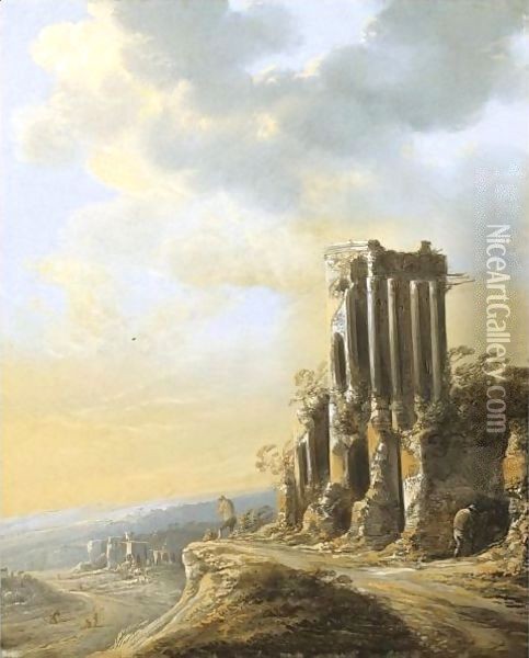 An Extensive Italianate Landscape With Ruins Oil Painting - Charles-Cornelisz de Hooch