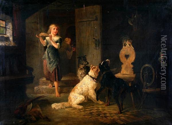 Dogs And Cat In A Game Larder Oil Painting - Marie Gorlich